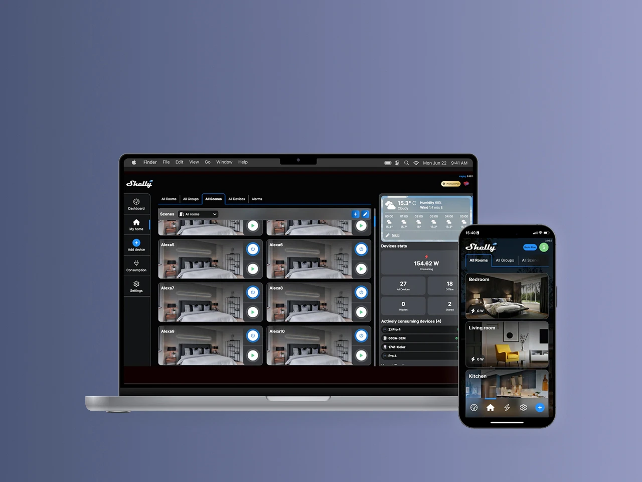 Shelly-App zur Smart-Home-Steuerung auf Laptop und Smartphone