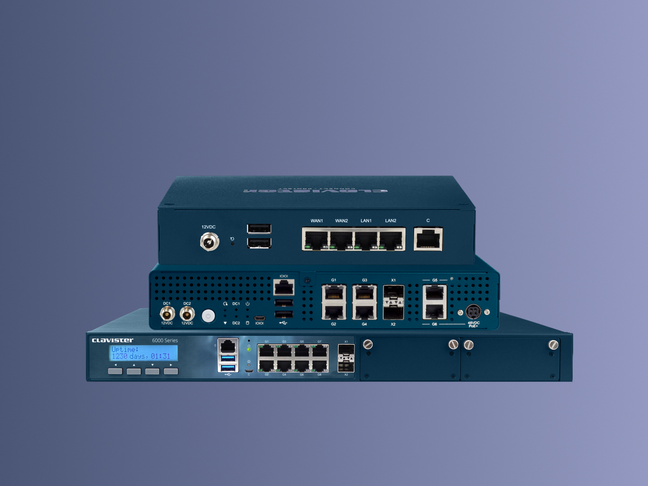 Drei Clavister NetWall Firewalls unterschiedlicher Baugrößen im Vergleich