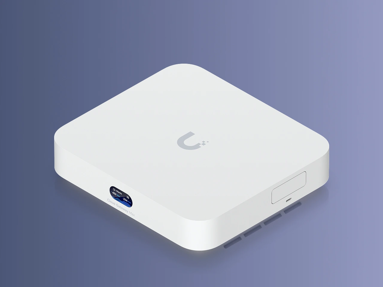 UniFi Cloud Gateway Max, freigestellt vor blauem Hintergrund